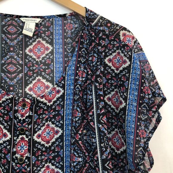 FOREVER 21 Black Pink Boho Geo Print Tile Print Boho Sheer Crop Top JUNIORS - Picture 3 of 5